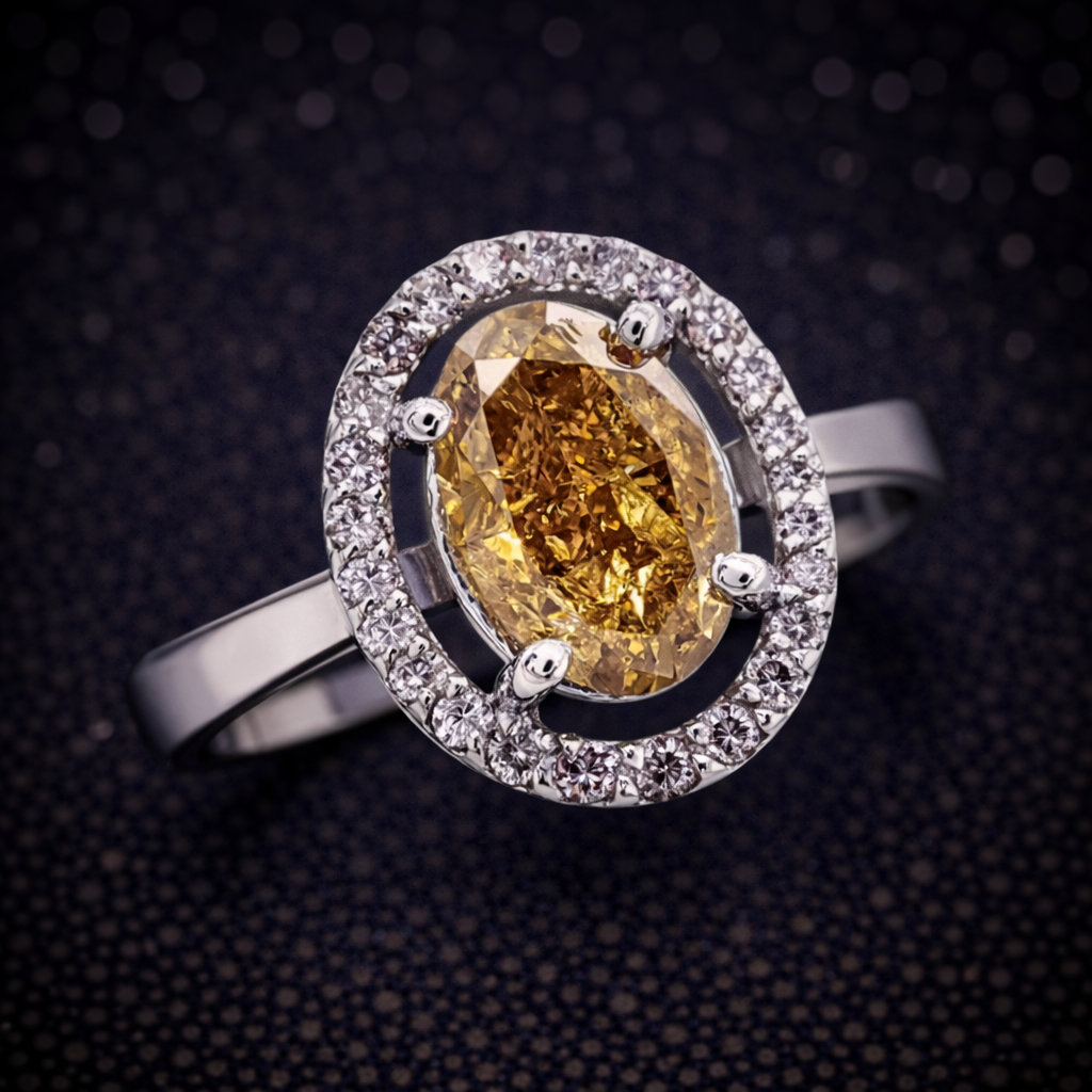 Eleganter Halo-Ring aus 14 kt Weißgold mit natürlichem Fancy Vivid Yellow-Diamanten (gesamt 1,71 ct), IGI-zertifiziert