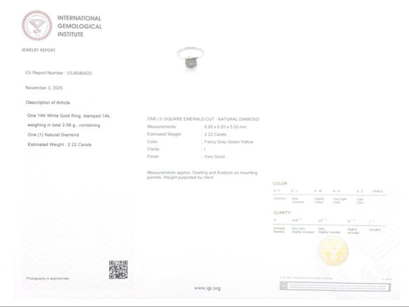 Exklusiver Damenring aus 14 kt Weißgold mit natürlichem Fancy-Farbdiamanten (2,22 ct) – IGI zertifiziert Cheap.Diamonds
