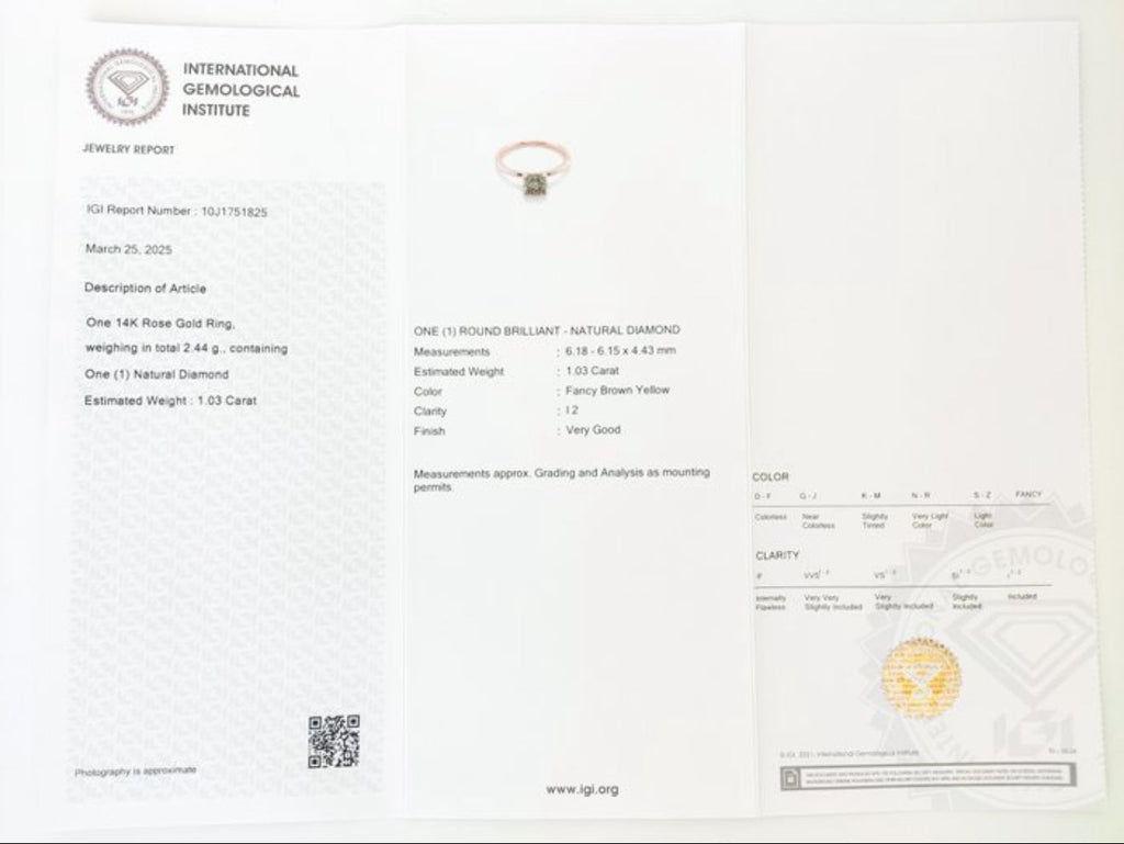 Romantischer Solitärring aus 14 kt Roségold mit natürlichem Fancy Brown Yellow Diamanten (1,03 ct) – IGI zertifiziert Cheap.Diamonds