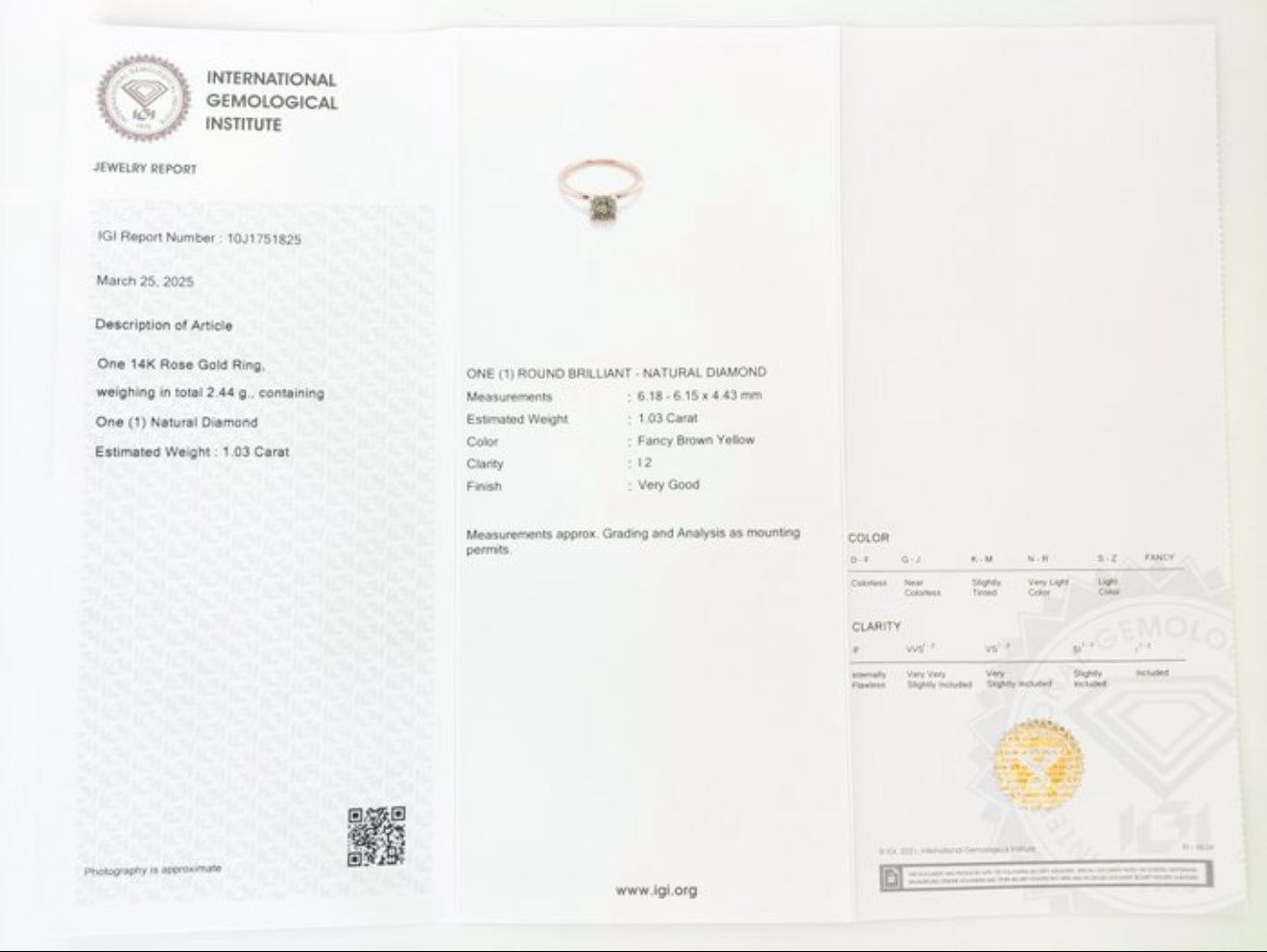 Romantischer Solitärring aus 14 kt Roségold mit natürlichem Fancy Brown Yellow Diamanten (1,03 ct) – IGI zertifiziert Cheap.Diamonds