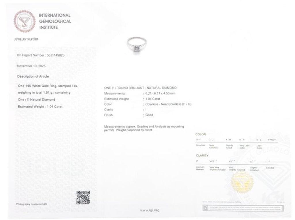 Eleganter Solitärring aus 14 kt Weißgold mit Natürlicher Diamant (1,04 ct) – IGI zertifiziert Cheap.Diamonds