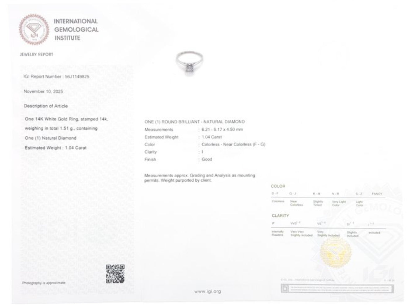 Eleganter Solitärring aus 14 kt Weißgold mit Natürlicher Diamant (1,04 ct) – IGI zertifiziert Cheap.Diamonds