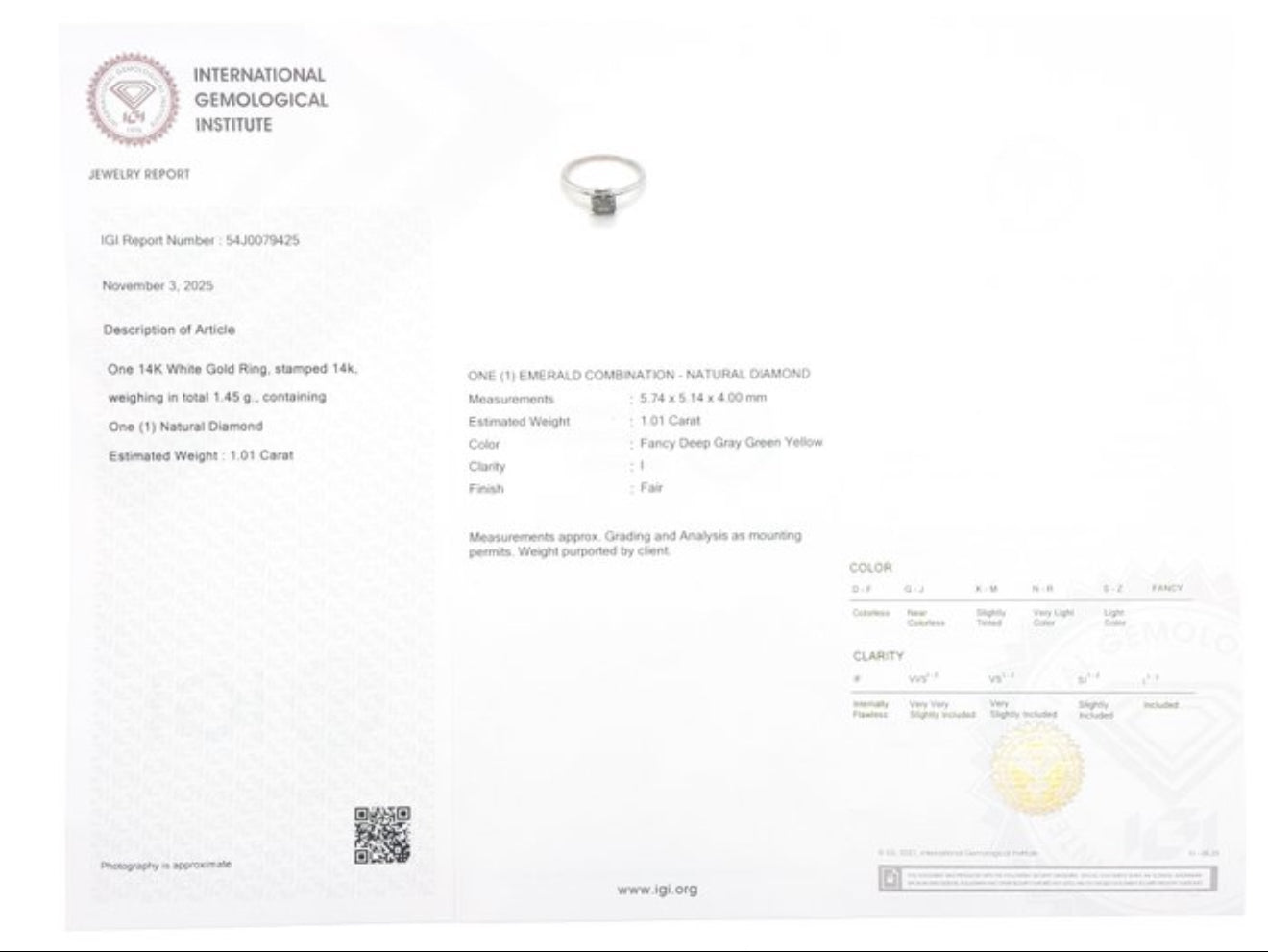 Exklusiver Damenring aus 14 kt Weißgold mit natürlichem Fancy Deep Diamanten (1,01 ct) – IGI zertifiziert Cheap.Diamonds