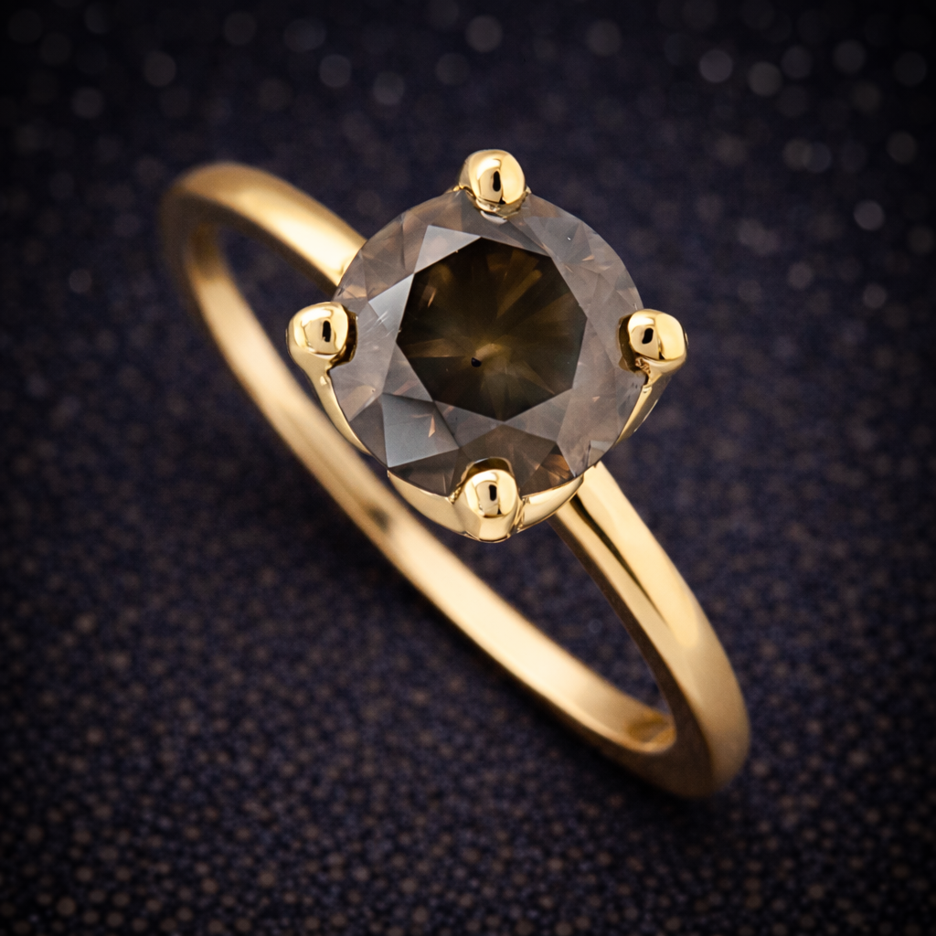 Exklusiver Damenring aus 14 kt Gelbgold mit natürlichem Fancy Deep Diamanten (1,21 ct) – IGI zertifiziert