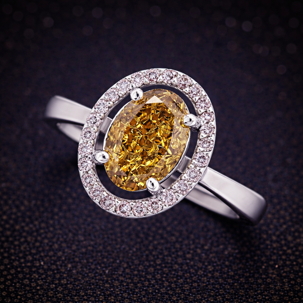 Eleganter Halo-Ring aus 14 kt Weißgold mit natürlichem Fancy Vivid Yellow-Diamanten (gesamt 1,71 ct), IGI-zertifiziert