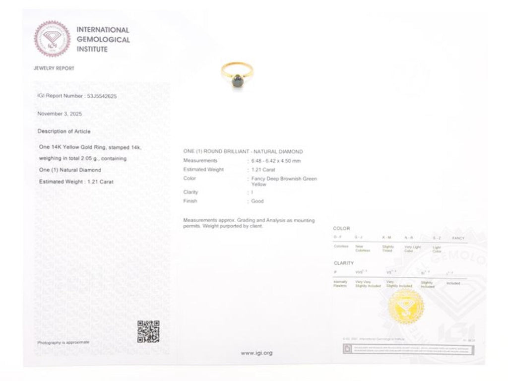 Exklusiver Damenring aus 14 kt Gelbgold mit natürlichem Fancy Deep Diamanten (1,21 ct) – IGI zertifiziert Cheap.Diamonds