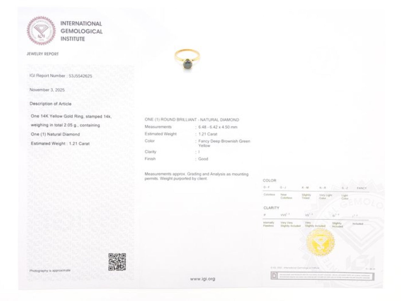 Exklusiver Damenring aus 14 kt Gelbgold mit natürlichem Fancy Deep Diamanten (1,21 ct) – IGI zertifiziert Cheap.Diamonds