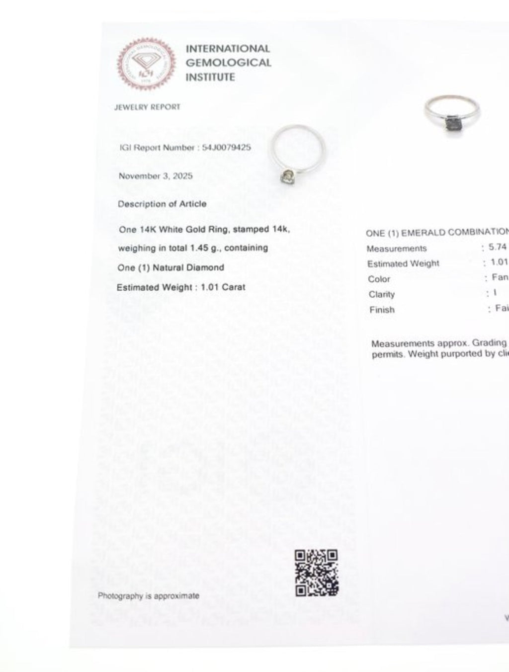 Exklusiver Damenring aus 14 kt Weißgold mit natürlichem Fancy Deep Diamanten (1,01 ct) – IGI zertifiziert Cheap.Diamonds