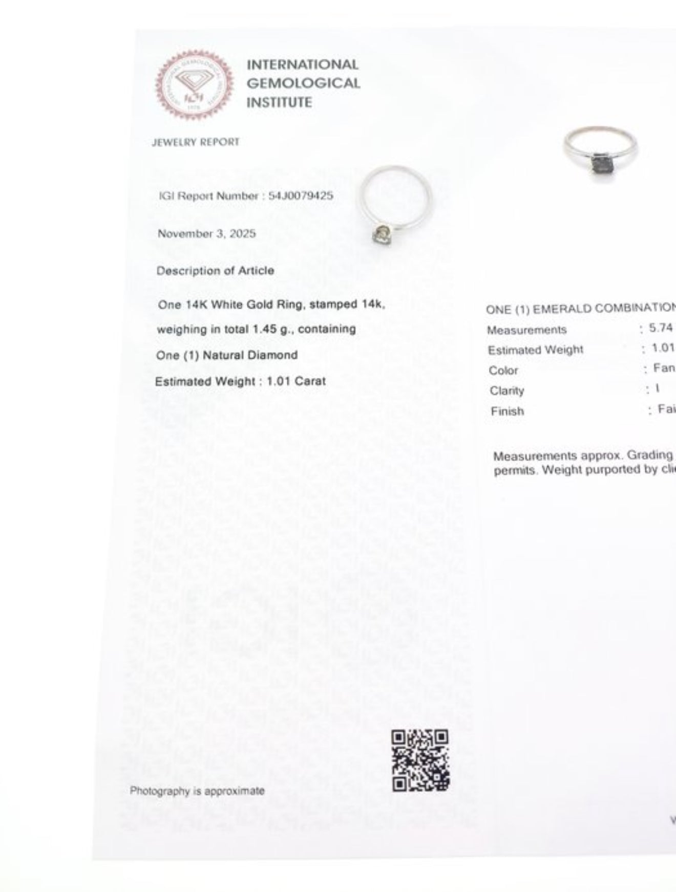 Exklusiver Damenring aus 14 kt Weißgold mit natürlichem Fancy Deep Diamanten (1,01 ct) – IGI zertifiziert Cheap.Diamonds