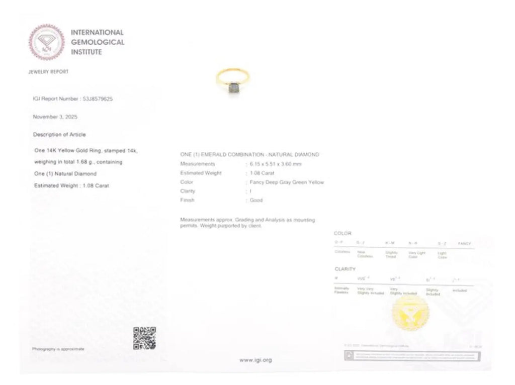 Exklusiver Ring aus 14 kt Gelbgold mit natürlichem Fancy Deep Farbdiamanten (1,08 ct) – IGI zertifiziert Cheap.Diamonds
