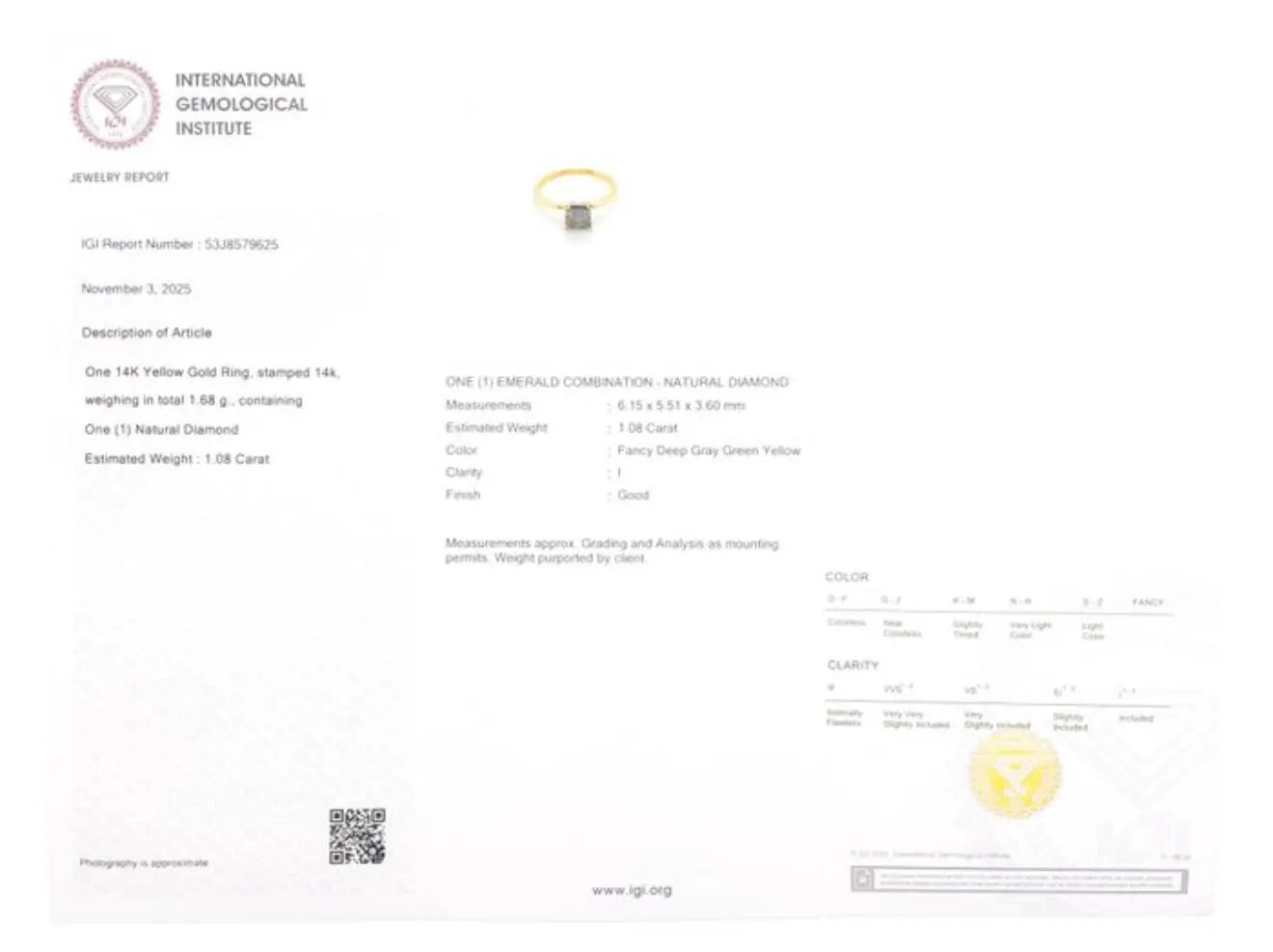 Exklusiver Ring aus 14 kt Gelbgold mit natürlichem Fancy Deep Farbdiamanten (1,08 ct) – IGI zertifiziert Cheap.Diamonds