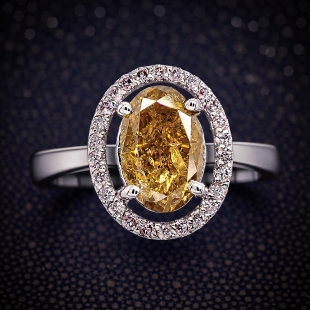 Eleganter Halo-Ring aus 14 kt Weißgold mit natürlichem Fancy Vivid Yellow-Diamanten (gesamt 1,71 ct), IGI-zertifiziert