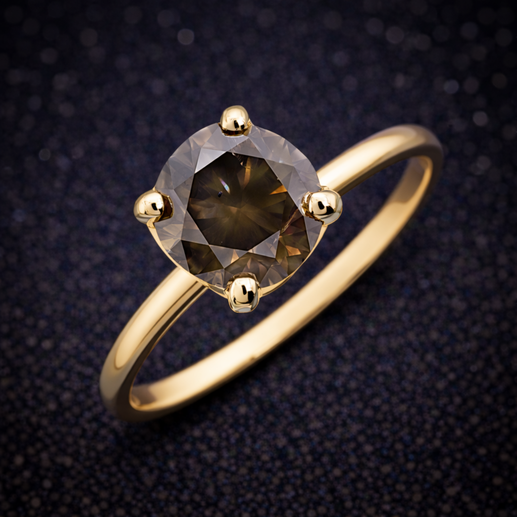 Exklusiver Damenring aus 14 kt Gelbgold mit natürlichem Fancy Deep Diamanten (1,21 ct) – IGI zertifiziert