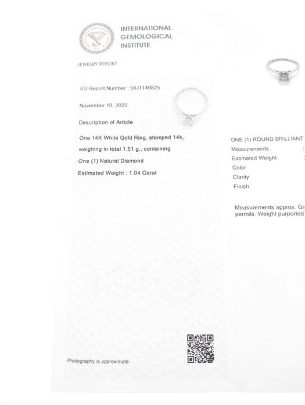 Eleganter Solitärring aus 14 kt Weißgold mit Natürlicher Diamant (1,04 ct) – IGI zertifiziert Cheap.Diamonds
